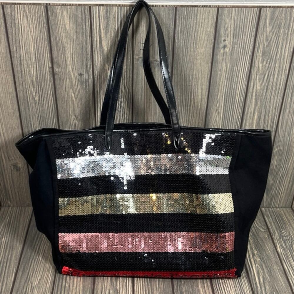 Victoria‎ Secret Sequin Tote Bag Large Black Embellished Travel Shopping